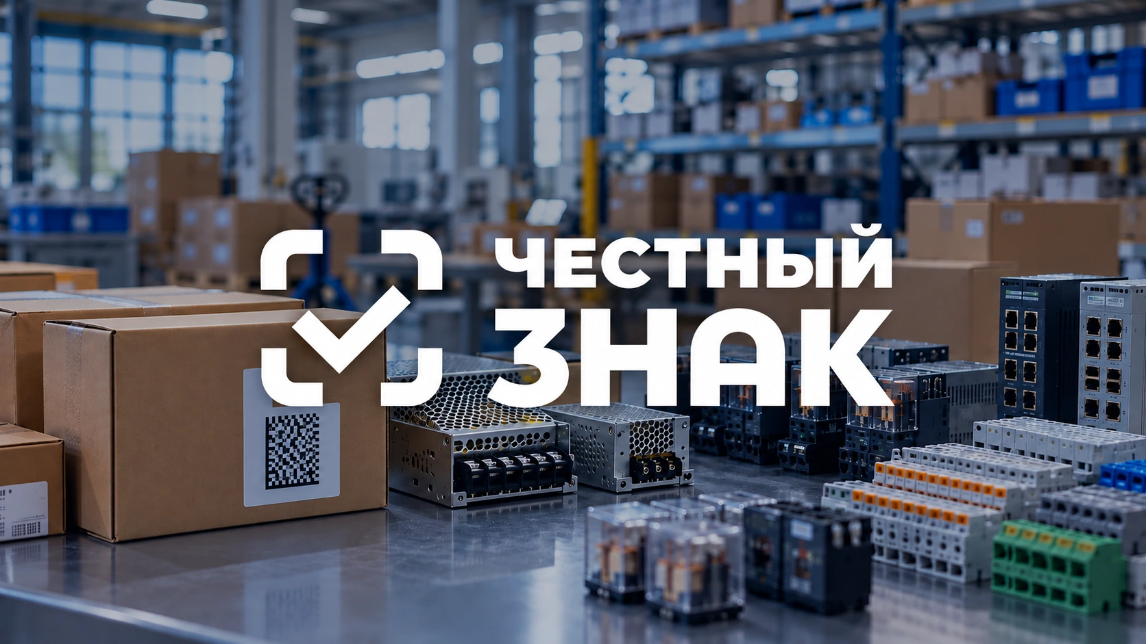 Маркировка радиоэлектронной продукции «Честный знак» — промышленное оборудование и коробки с кодами Data Matrix на складе.